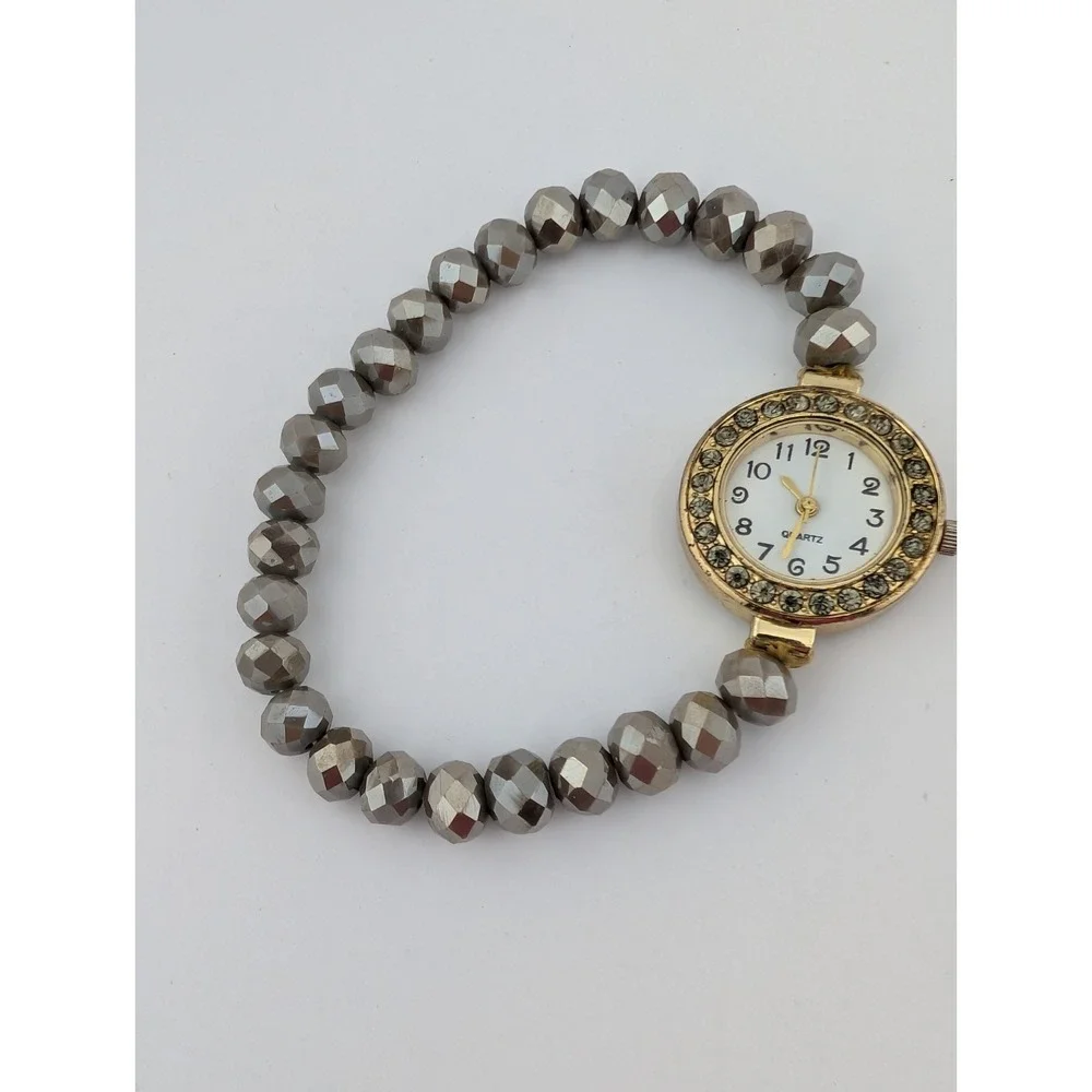 Charlie Paige Watch Women 25mm Gold Case Gray Beaded Stretch Band- New Battery‎